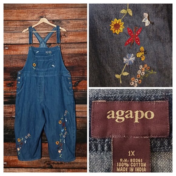 Agapo 1X Vintage Jean Culotte Capri Overalls Floral Embroidered Blue Denim - Picture 1 of 8